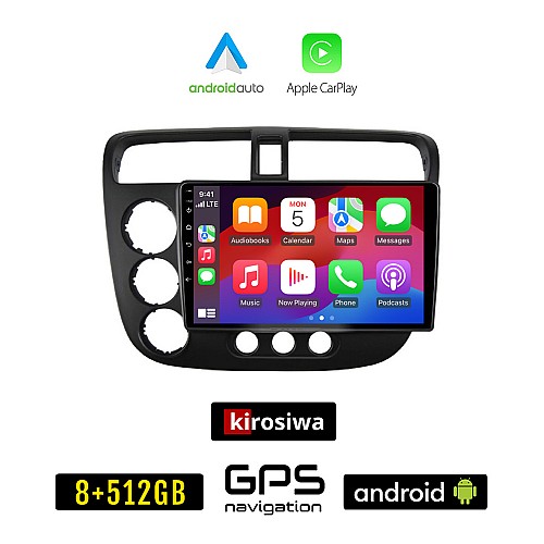 KIROSIWA HONDA CIVIC 4D (2001 - 2006) Android οθόνη αυτοκίνητου 8GB + 256GB με GPS WI-FI (ηχοσύστημα αφής 9" ιντσών OEM Android Auto Apple Carplay Youtube Playstore MP3 USB Radio Bluetooth Mirrorlink εργοστασιακή, 4x60W, AUX)