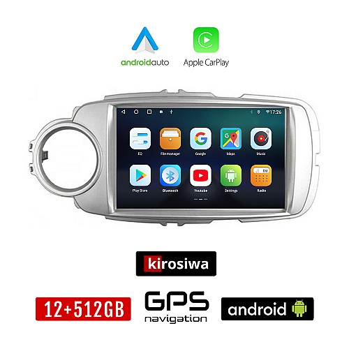 KIROSIWA TOYOTA YARIS (2011 - 2020) Android οθόνη αυτοκίνητου 12GB + 512GB με GPS WI-FI (ηχοσύστημα αφής 9" ιντσών OEM Android Auto Apple Carplay Youtube Playstore MP3 USB Radio Bluetooth Mirrorlink εργοστασιακή, ασημί, 4 x 60W, AUX)
