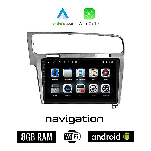 VOLKSWAGEN VW GOLF 7 (μετά το 2013) Android οθόνη αυτοκίνητου 8GB + 128GB με GPS WI-FI (ηχοσύστημα αφής 10" ιντσών OEM Android Auto Apple Carplay Youtube Playstore MP3 USB Radio Bluetooth Mirrorlink, 4x60W, ασημί)