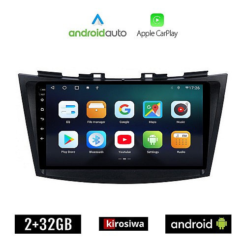 KIROSIWA SUZUKI SWIFT (2011 - 2016) Android οθόνη αυτοκίνητου 2GB με GPS WI-FI (ηχοσύστημα αφής 9" ιντσών OEM Android Auto Apple Carplay Youtube Playstore MP3 USB Radio Bluetooth Mirrorlink εργοστασιακή, 4x60W, AUX)