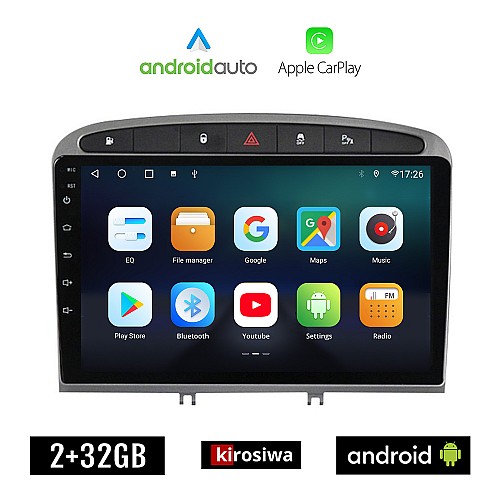 KIROSIWA PEUGEOT 308 (2007 - 2012) Android οθόνη αυτοκίνητου 2GB με GPS WI-FI (ηχοσύστημα αφής 9" ιντσών OEM Android Auto Apple Carplay Youtube Playstore MP3 USB Radio Bluetooth Mirrorlink εργοστασιακή, 4x60W, AUX)