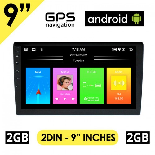 Οθόνη αυτοκίνητου 9'' ιντσών 2GB Android 2DIN με Ελληνικό GPS, Bluetooth, Youtube (WI-FI internet Playstore Mirrrorlink 2 DIN Ηotspot MP3 USB video radio ηχοσυστημα Universal 4x60W)