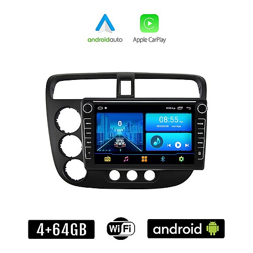 HONDA CIVIC 4D (2001 - 2006) Android οθόνη αυτοκίνητου 4+64GB με GPS WI-FI (ηχοσύστημα αφής 8" ιντσών 4GB CarPlay Android Auto Car Play Youtube Playstore MP3 USB Radio Bluetooth Mirrorlink εργοστασιακή, 4x60W, Navi)