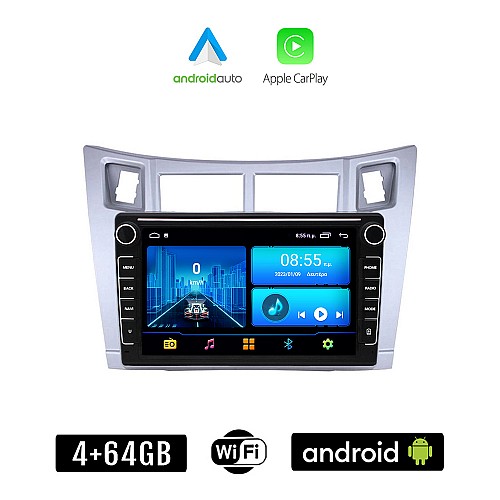 TOYOTA YARIS (2006-2011) Android οθόνη αυτοκίνητου 4+64GB με GPS WI-FI ( TOYOTA ηχοσύστημα αφής 8" ιντσών 4GB CarPlay Android Auto Car Play Youtube Playstore MP3 USB Radio Bluetooth Mirrorlink  εργοστασιακή, 4 x 60W, ασημί)