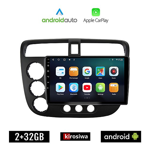 KIROSIWA HONDA CIVIC 4D (2001 - 2006) Android οθόνη αυτοκίνητου 2GB με GPS WI-FI (ηχοσύστημα αφής 9" ιντσών OEM Android Auto Apple Carplay Youtube Playstore MP3 USB Radio Bluetooth Mirrorlink εργοστασιακή, 4x60W, AUX)