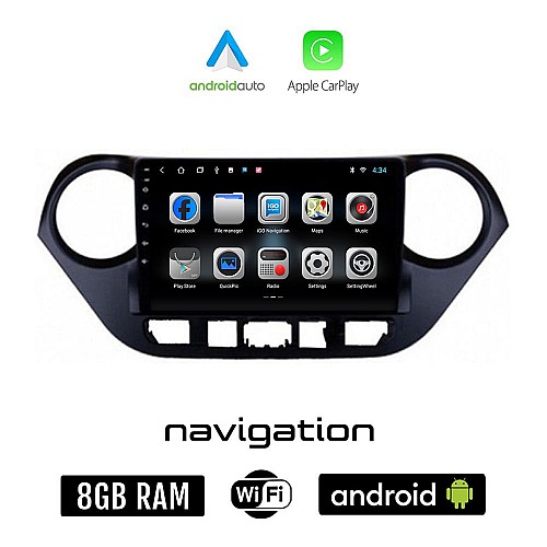 HYUNDAI i10 (μετά το 2014) Android οθόνη αυτοκίνητου 8GB + 128GB με GPS WI-FI (ηχοσύστημα αφής 9" ιντσών OEM Android Auto Apple Carplay Youtube Playstore MP3 USB Radio Bluetooth Mirrorlink εργοστασιακή, 4x60W)