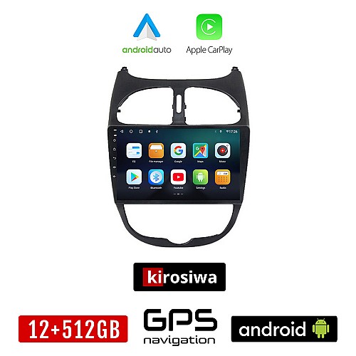 KIROSIWA PEUGEOT 206 (1998 - 2006) Android οθόνη αυτοκίνητου 12GB + 512GB με GPS WI-FI (ηχοσύστημα αφής 9" ιντσών OEM Android Auto Apple Carplay Youtube Playstore MP3 USB Radio Bluetooth Mirrorlink εργοστασιακή, 4x60W, AUX)
