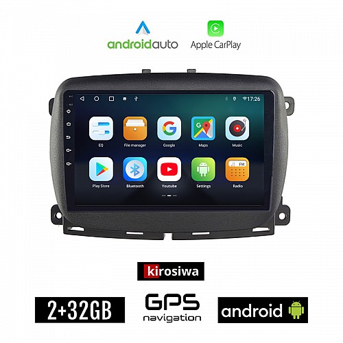 KIROSIWA FIAT 500 (μετά το 2016) Android οθόνη αυτοκίνητου 2GB με GPS WI-FI (ηχοσύστημα αφής 9" ιντσών Android Auto Apple Carplay Youtube Playstore MP3 USB Radio Bluetooth Mirrorlink εργοστασιακή, 4x60W, AUX)