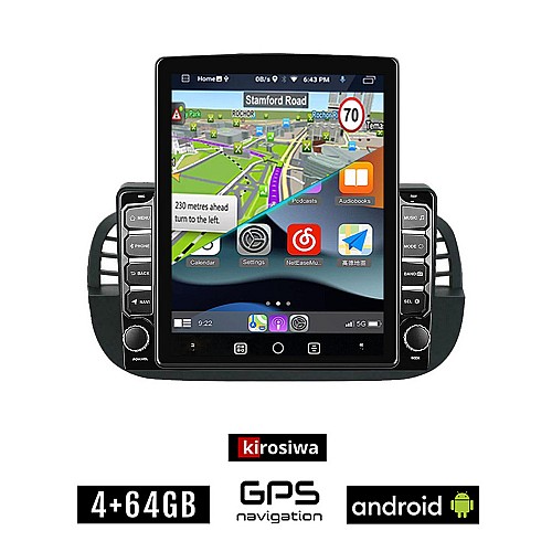 KIROSIWA FIAT 500 (2008 - 2015) Android οθόνη αυτοκίνητου 4GB με GPS WI-FI (ηχοσύστημα αφής 9.7" ιντσών OEM Youtube Playstore MP3 USB Radio 4+64GB Bluetooth Mirrorlink εργοστασιακή, 4x60W, AUX, μαύρη)