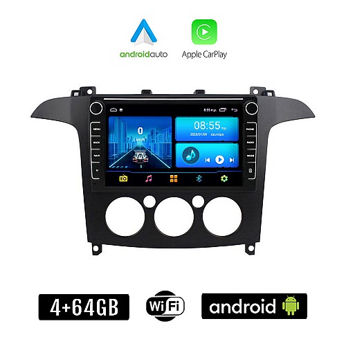 FORD S-MAX 2006 - 2014 (με χειροκίνητο κλιματισμό) Android οθόνη αυτοκίνητου 4+64GB με GPS WI-FI (ηχοσύστημα αφής 8" ιντσών 4GB CarPlay Android Auto Car Play Youtube Playstore MP3 USB Radio Bluetooth εργοστασιακή 4x60W Navi)