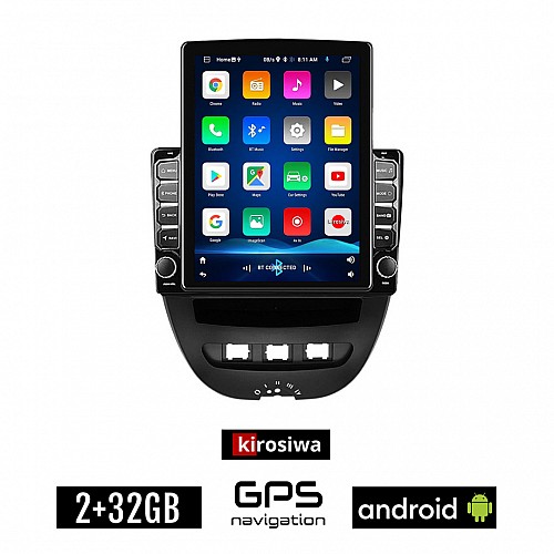 KIROSIWA PEUGEOT 107 (2005 - 2014) Android οθόνη αυτοκίνητου 2GB με GPS WI-FI (ηχοσύστημα αφής 9.7" ιντσών OEM Youtube Playstore MP3 USB Radio Bluetooth Mirrorlink εργοστασιακή, 4x60W, AUX)