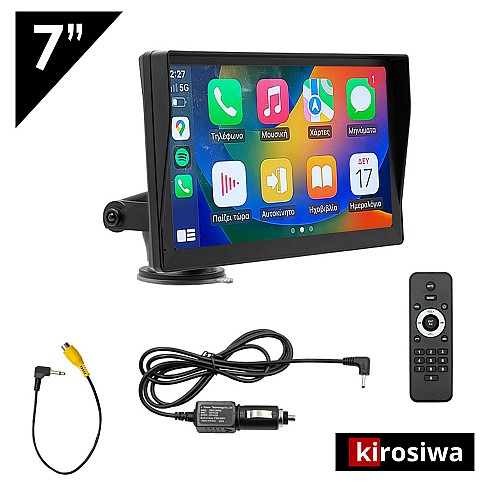 Kirosiwa οθόνη αφής 7" ιντσών αυτοκινήτου με Apple CarPlay Android Auto USB Bluetooth και εύκολη εγκατάσταση στο παρμπρίζ με βεντούζα (Car Play τζάμι microSD AUX Spotify FM transmitter ηχοσύστημα)