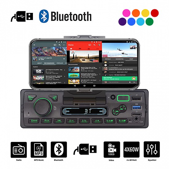Radio USB με Bluetooth MP3 και βάση για κινητό (1-DIN OEM universal ηχοσύστημα ραδιόφωνο αυτοκινήτου τηλέφωνο 1DIN radioUSB ράδιο SD Card microSD 4 x 60 Watt μικρόφωνο ανοιχτή ακρόαση 1 DIN 4x60W lcd ενισχυτής οθόνη) BOOMA-1510