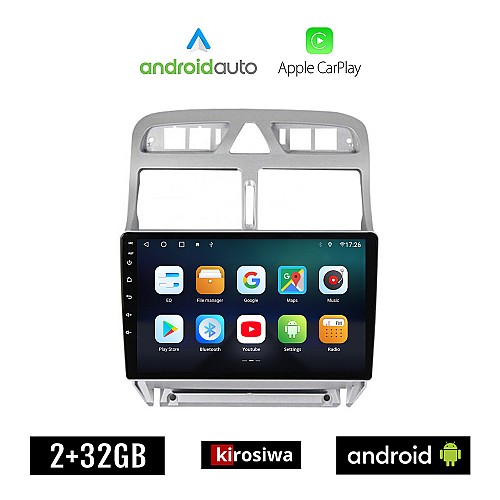 KIROSIWA PEUGEOT 307 (2002-2013) Android οθόνη αυτοκίνητου 2GB με GPS WI-FI (ηχοσύστημα αφής 9" ιντσών OEM Android Auto Apple Carplay Youtube Playstore MP3 USB Radio Bluetooth Mirrorlink εργοστασιακή, 4x60W, AUX)