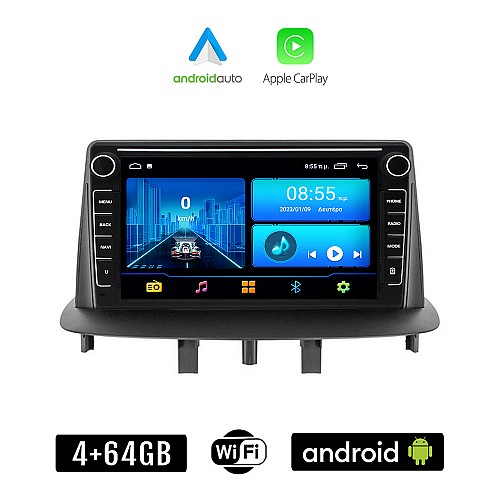 RENAULT MEGANE 3 (2009-2014) Android οθόνη αυτοκίνητου 4+64GB με GPS WI-FI (ηχοσύστημα αφής 8" ιντσών 4GB CarPlay Android Auto Car Play Youtube Playstore MP3 USB Radio Bluetooth Mirrorlink εργοστασιακή, 4x60W, Navi)