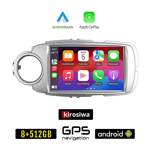 KIROSIWA TOYOTA YARIS (2011 - 2020) Android οθόνη αυτοκίνητου 8GB + 256GB με GPS WI-FI (ηχοσύστημα αφής 9" ιντσών OEM Android Auto Apple Carplay Youtube Playstore MP3 USB Radio Bluetooth Mirrorlink εργοστασιακή, ασημί, 4 x 60W, AUX)