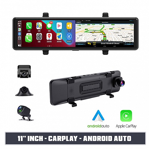 Καθρέφτης αυτοκινήτου με  ασύρματο Apple CarPlay και Android Auto, οθόνη αφής 11" ιντσών, Bluetooth και δύο κάμερες (Google Maps Youtube DVR wireless camera οπισθοπορείας microSD καταγραφικό σύστημα καθρέπτης usb HD MP5 video)