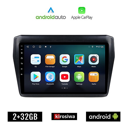 KIROSIWA SUZUKI SWIFT (μετά το 2017) Android οθόνη αυτοκίνητου 2GB με GPS WI-FI (ηχοσύστημα αφής 9" ιντσών OEM Android Auto Apple Carplay Youtube Playstore MP3 USB Radio Bluetooth Mirrorlink εργοστασιακή, AUX, 4x60W)