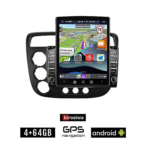 KIROSIWA HONDA CIVIC 4D (2001 - 2006) Android οθόνη αυτοκίνητου 4GB με GPS WI-FI (ηχοσύστημα αφής 9.7" ιντσών OEM Youtube Playstore MP3 USB Radio 4+64GB Bluetooth Mirrorlink εργοστασιακή, 4x60W, AUX)