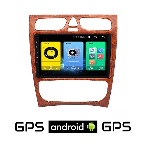 MERCEDES C (W203) 1999-2004 Android οθόνη αυτοκίνητου με GPS WI-FI (ηχοσύστημα αφής 9" ιντσών OEM Youtube Playstore MP3 USB Radio Bluetooth Mirrorlink εργοστασιακή, 4x60W, ξύλο, Benz, χρώμα ξύλου)