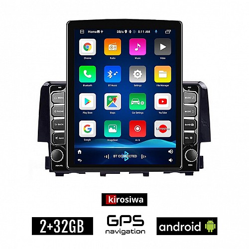KIROSIWA HONDA CIVIC (μετά το 2016) Android οθόνη αυτοκίνητου 2GB με GPS WI-FI (ηχοσύστημα αφής 9.7" ιντσών OEM Youtube Playstore MP3 USB Radio Bluetooth Mirrorlink εργοστασιακή, 4x60W, AUX)