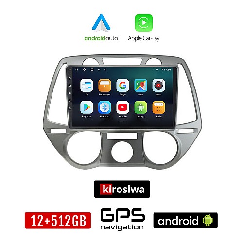 KIROSIWA HYUNDAI i20 (2008 - 2013) Android οθόνη αυτοκίνητου 12GB + 512GB με GPS WI-FI (ηχοσύστημα αφής 9" ιντσών OEM Android Auto Apple Carplay Youtube Playstore MP3 USB Radio Bluetooth Mirrorlink εργοστασιακή, 4x60W, AUX)