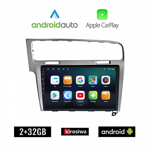 KIROSIWA VOLKSWAGEN VW GOLF 7 (μετά το 2013) Android οθόνη αυτοκίνητου 2GB με GPS WI-FI (ηχοσύστημα αφής 10" ιντσών OEM Android Auto Apple Carplay Youtube Playstore MP3 USB Radio Bluetooth Mirrorlink, 4x60W, ασημί)