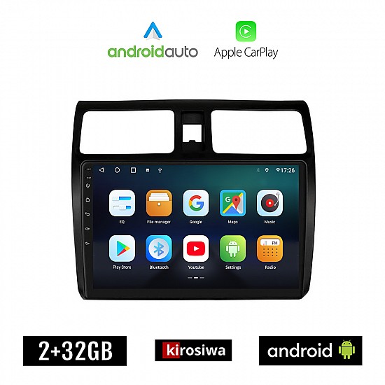 KIROSIWA SUZUKI SWIFT (2005 - 2011) Android οθόνη αυτοκίνητου 2GB με GPS WI-FI (ηχοσύστημα αφής 10 ιντσών OEM Android Auto Apple Carplay Youtube Playstore MP3 USB Radio Bluetooth Mirrorlink εργοστασιακή, 4x60W)