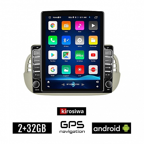 KIROSIWA FIAT 500 (2008 - 2015) Android οθόνη αυτοκίνητου 2GB με GPS WI-FI (ηχοσύστημα αφής 9.7" ιντσών OEM Youtube Playstore MP3 USB Radio Bluetooth Mirrorlink εργοστασιακή, 4x60W, AUX, άσπρη)