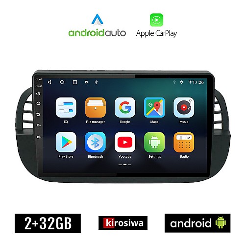 KIROSIWA FIAT 500 (2008 - 2015) Android οθόνη αυτοκίνητου 2GB με GPS WI-FI (ηχοσύστημα αφής 9" ιντσών OEM Android Auto Apple Carplay Youtube Playstore MP3 USB Radio Bluetooth Mirrorlink εργοστασιακή, 4x60W, AUX, μαύρη)