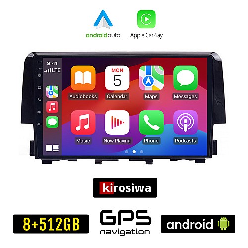 KIROSIWA HONDA CIVIC (μετά το 2016) Android οθόνη αυτοκίνητου 8GB + 256GB με GPS WI-FI (ηχοσύστημα αφής 9" ιντσών OEM Android Auto Apple Carplay Youtube Playstore MP3 USB Radio Bluetooth Mirrorlink εργοστασιακή, 4x60W, AUX)