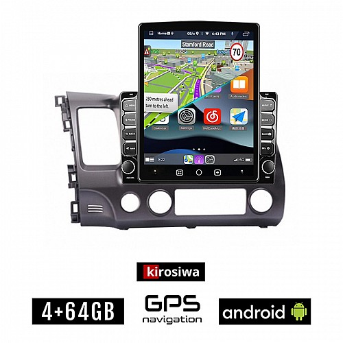 KIROSIWA HONDA CIVIC 4D (2006 - 2012) Android οθόνη αυτοκίνητου 4GB με GPS WI-FI (ηχοσύστημα αφής 9.7" ιντσών OEM Youtube Playstore MP3 USB Radio 4+64GB Bluetooth Mirrorlink εργοστασιακή, 4x60W, AUX)