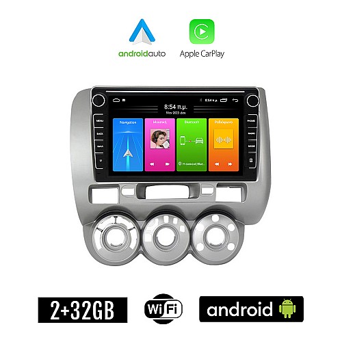 HONDA JAZZ 2002-2008 Android οθόνη αυτοκίνητου 2GB με GPS WI-FI (ηχοσύστημα αφής 8" ιντσών Apple CarPlay Android Auto Car Play Youtube Playstore MP3 USB Radio Bluetooth Mirrorlink εργοστασιακή, 4x60W, Navi)
