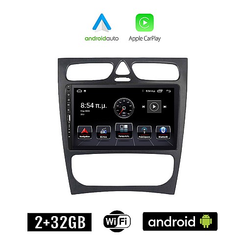 MERCEDES C (W203) 1999-2004 Android οθόνη αυτοκίνητου 2+32GB με GPS WI-FI (ηχοσύστημα αφής 9" ιντσών Apple CarPlay Android Auto 2GB Car Play Youtube Playstore MP3 USB Radio Bluetooth Mirrorlink εργοστασιακή, 4x60W, Benz)