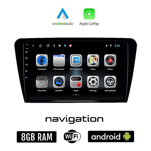 SKODA OCTAVIA 7 (2013 - 2020) Android οθόνη αυτοκίνητου 8GB + 128GB με GPS WI-FI (ηχοσύστημα αφής 10" ιντσών OEM Android Auto Apple Carplay Youtube Playstore MP3 USB Radio Bluetooth Mirrorlink εργοστασιακή, 4x60W)