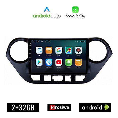 KIROSIWA HYUNDAI i10 (μετά το 2014) Android οθόνη αυτοκίνητου 2GB με GPS WI-FI (ηχοσύστημα αφής 9" ιντσών OEM Android Auto Apple Carplay Youtube Playstore MP3 USB Radio Bluetooth Mirrorlink εργοστασιακή, 4x60W, AUX)