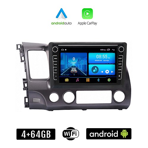 HONDA CIVIC 4D (2006 - 2012) Android οθόνη αυτοκίνητου 4+64GB με GPS WI-FI (ηχοσύστημα αφής 8" ιντσών 4GB CarPlay Android Auto Car Play Youtube Playstore MP3 USB Radio Bluetooth Mirrorlink εργοστασιακή, 4x60W, Navi)