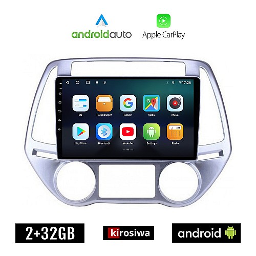 KIROSIWA HYUNDAI i20 (2008 - 2013) *με αυτόματο κλιματισμό Android οθόνη αυτοκίνητου 2GB με GPS WI-FI (ηχοσύστημα αφής 9" ιντσών OEM Android Auto Apple Carplay Youtube MP3 USB Bluetooth εργοστασιακή, 4x60W, AUX)