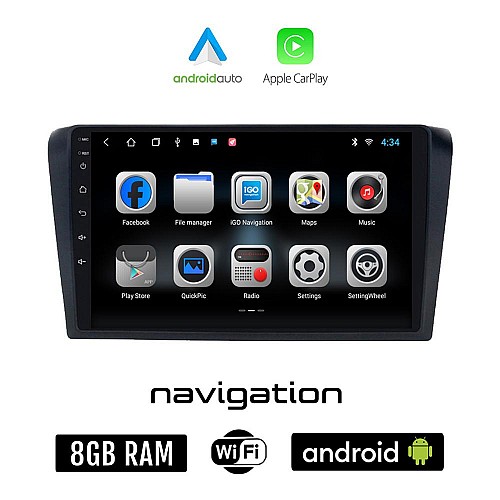 MAZDA 3 (2003 - 2008) Android οθόνη αυτοκίνητου 8GB + 128GB με GPS WI-FI (ηχοσύστημα αφής 9" ιντσών OEM Android Auto Apple Carplay Youtube Playstore MP3 USB Radio Bluetooth Mirrorlink εργοστασιακή, 4x60W)