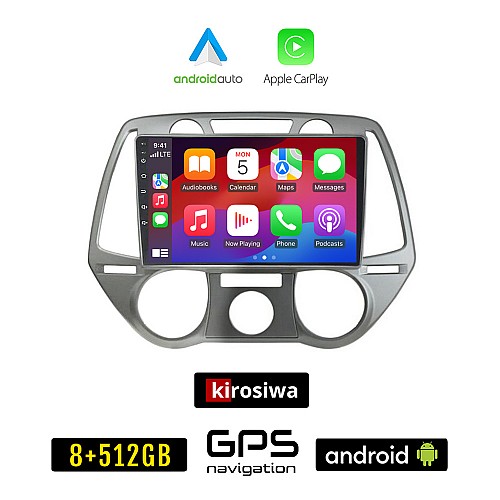 KIROSIWA HYUNDAI i20 (2008 - 2013) Android οθόνη αυτοκίνητου 8GB + 256GB με GPS WI-FI (ηχοσύστημα αφής 9" ιντσών OEM Android Auto Apple Carplay Youtube Playstore MP3 USB Radio Bluetooth Mirrorlink εργοστασιακή, 4x60W, AUX)