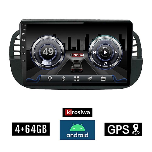 KIROSIWA 4+64GB FIAT 500 (2008 - 2015) Android οθόνη αυτοκίνητου 4GB με GPS WI-FI (ηχοσύστημα αφής 9" ιντσών OEM Youtube Playstore MP3 USB Radio Bluetooth Mirrorlink  DSP 4x60W Apple Carplay Android Auto 4G SIM card, Μαύρο﻿) AC-4348