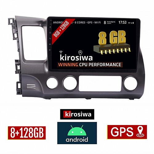 KIROSIWA 8GB + 128GB HONDA CIVIC 4D (2006 - 2012) Android οθόνη αυτοκίνητου με GPS WI-FI (ηχοσύστημα αφής 10" ιντσών OEM Youtube Playstore MP3 USB Radio Bluetooth Mirrorlink DSP Apple Carplay Android Auto 4G Sim Card 4x60W, AUX) RX-9768