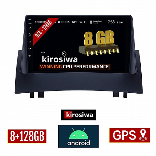 KIROSIWA 8GB + 128GB RENAULT MEGANE 2 (2002-2008) Android οθόνη αυτοκίνητου με GPS WI-FI (ηχοσύστημα αφής 9" ιντσών OEM Youtube Playstore MP3 USB Radio Bluetooth Mirrorlink DSP Apple Carplay Android Auto 4G Sim Card 4x60W, AUX) RX-9487