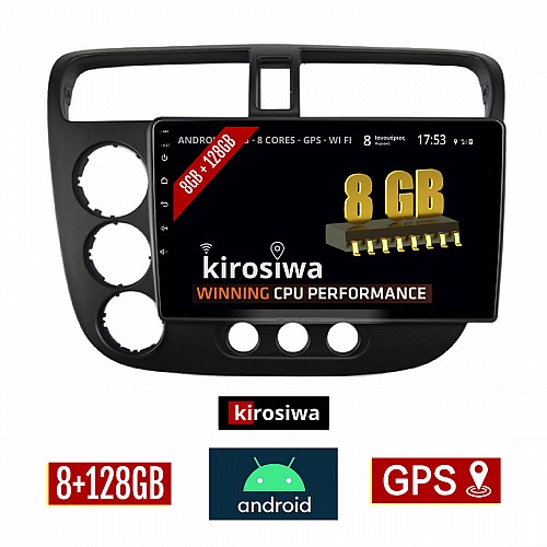 KIROSIWA 8GB + 128GB HONDA CIVIC 4D (2001 - 2006) Android οθόνη αυτοκίνητου με GPS WI-FI (ηχοσύστημα αφής 9" ιντσών OEM Youtube Playstore MP3 USB Radio Bluetooth Mirrorlink DSP Apple Carplay Android Auto 4G Sim Card 4x60W, AUX) KLS-7956