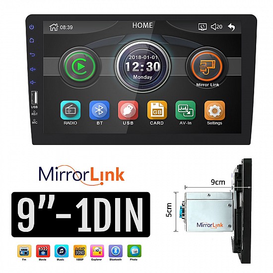9 ιντσών 1DIN multimedia οθόνη αφής 9002 (USB, MP3, MP5, Bluetooth, Mirrorlink, ηχοσύστημα αυτοκινήτου, Ελληνικό μενού, 1 DIN, Universal, 4x60W)