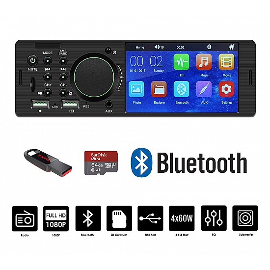 Radio-USB αυτοκινήτου με οθόνη 4 ιντσών Bluetooth MP3 Video 1-DIN (ράδιο DIN multimedia ανοιχτή ακρόαση ιντσών 4x60W MP5 microSD universal) 7805