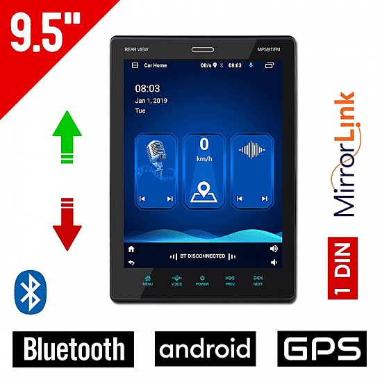Android ρυθμιζόμενη καθ ύψος 2+32GB οθόνη αυτοκινήτου 9,5 ιντσών με Ελληνικό GPS (1-DIN Playstore ηχοσύστημα WI-FI Υoutube Spotify USB 1DIN MP3 MP5 bluetooth mirrorlink 4x60W navi πλοηγός universal) 9512A32