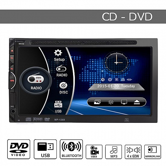 Οθόνη αυτοκινήτου με CD DVD αφής 7" ιντσών 2-DIN (Ελληνική γλώσσα, Bluetooth, multimedia, MP3, MP5, δικάναλη, ενισχυτές, subwoofer, ηχοσύστημα, mirrorlink, universal, 4x60W) 2869CD