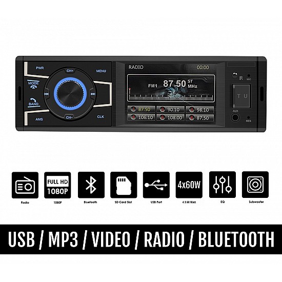 Radio-USB 1-DIN 4 ιντσών με Bluetooth MP3 Video (έγχρωμη οθόνη 1DIN multimedia ηχοσύστημα ράδιο αυτοκινήτου ανοιχτή ακρόαση 4x60W MP3 MP5 microSD universal) S1