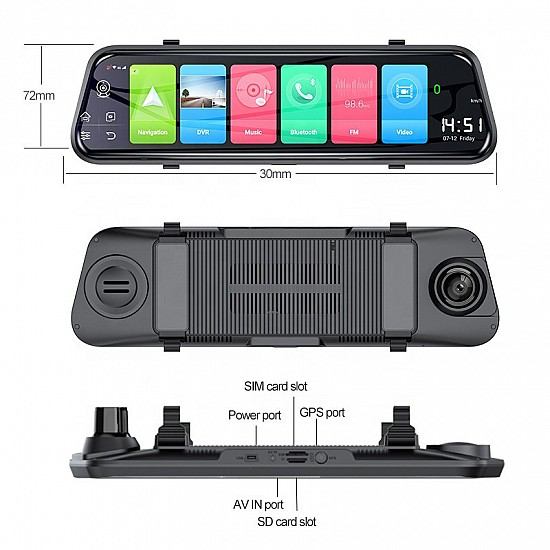 Android καθρέφτης αυτοκινήτου με GPS με οθόνη αφής 10 ιντσών (Bluetooth, MirrorLink, IPS HD, G-Sensor, κάμερα οπισθοπορείας, DVR καταγραφικό, αντικλεπτικό) 1164